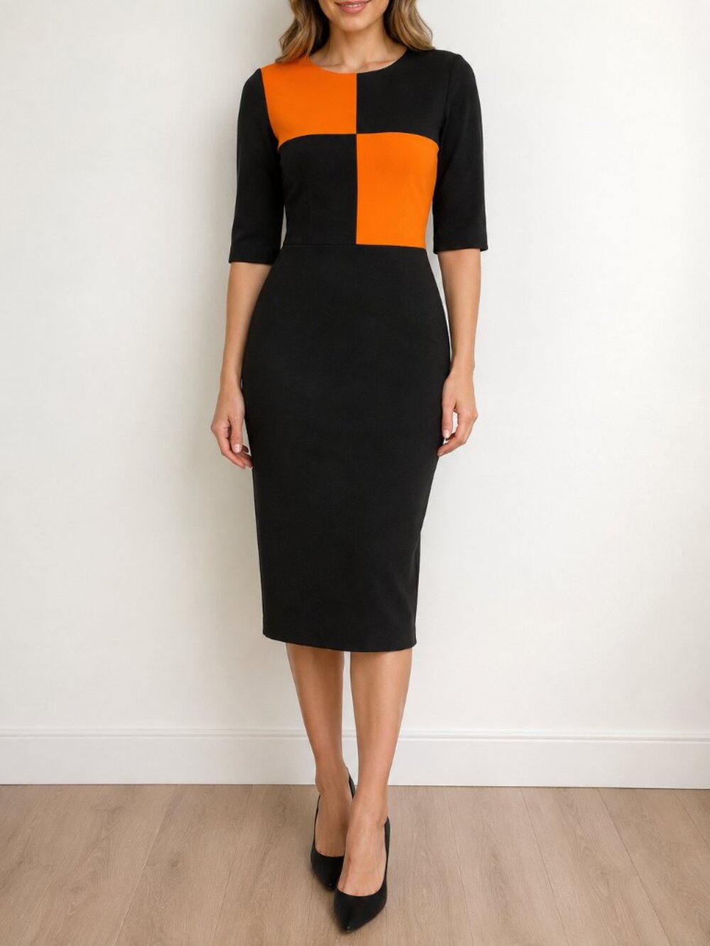 Premise Dresses Black & Orange Colorblock Sheath Midi Dress Size 6 NWT